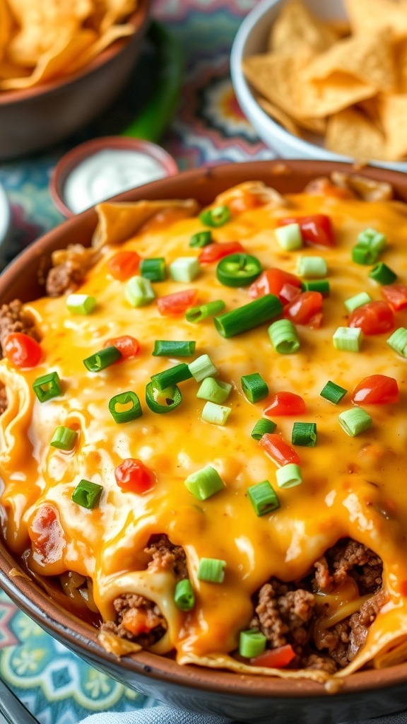 A cheesy taco casserole with layers of tortillas, ground beef, and melted cheese, garnished with green onions and jalapeños.